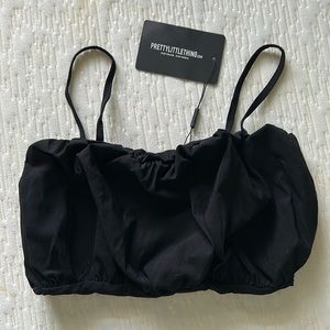 Prettylittlething Black Woven Ruched Crop Top